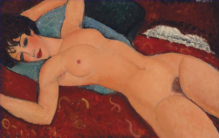 Amedeo Modigliani Oil Painting - Nu couché (Red Nude or Reclining Nude or Sleeping Nude with Arms Open)